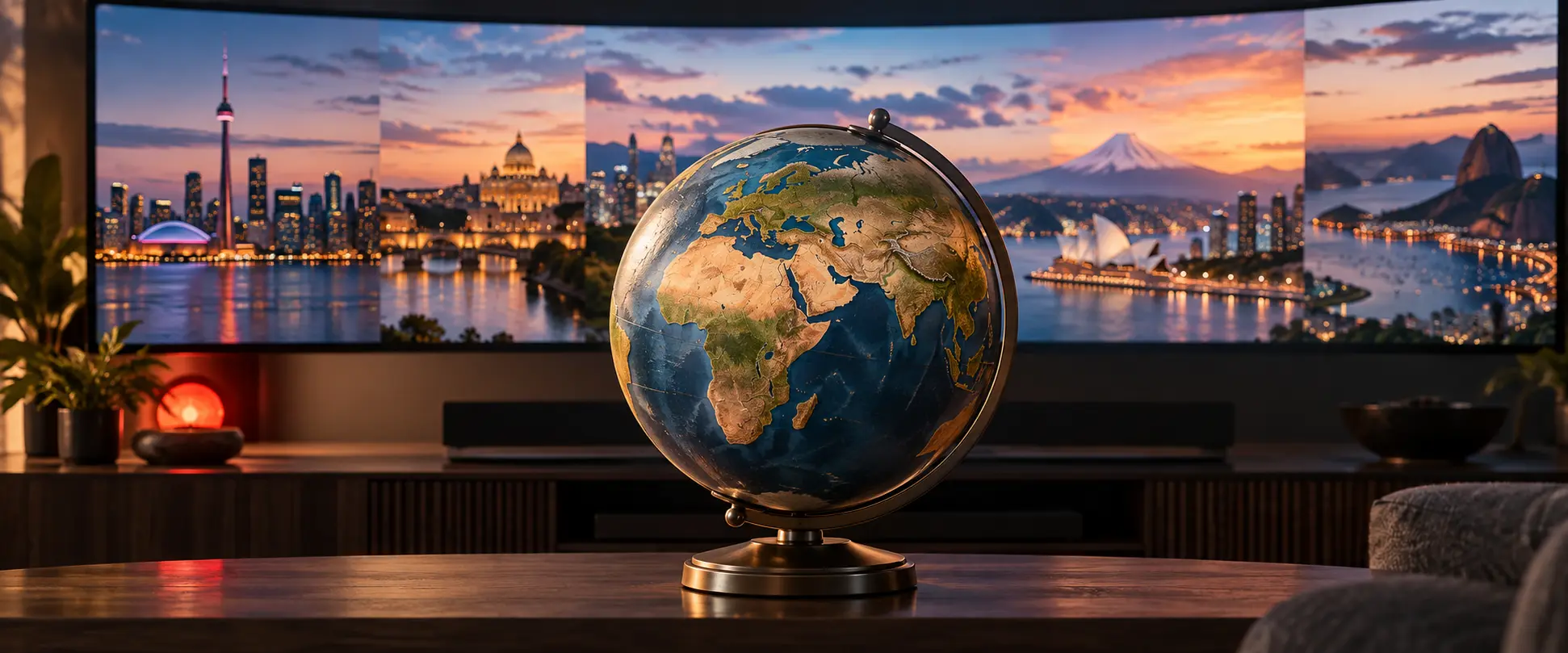 IPTV Canada international viewing represented by a globe and world skylines