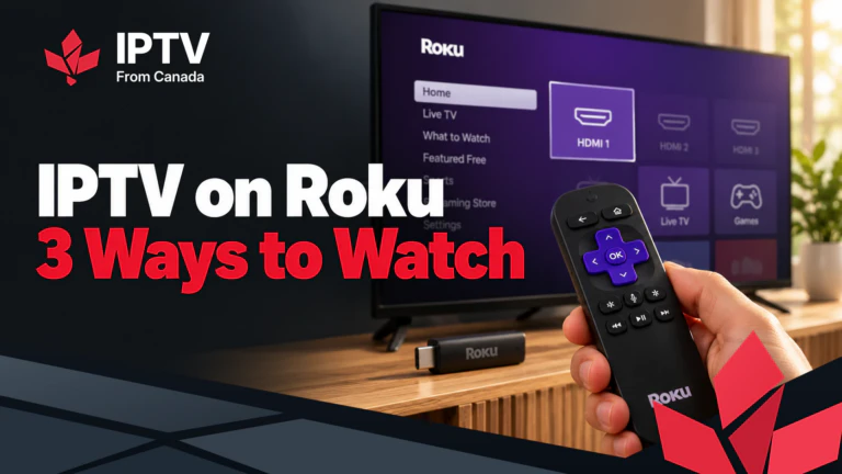 IPTV on Roku: a Roku remote and streaming stick with the Roku home screen and HDMI inputs