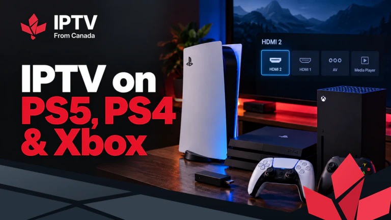 IPTV on PS5, PS4 and Xbox: the consoles beside a TV switched to its HDMI 2 input