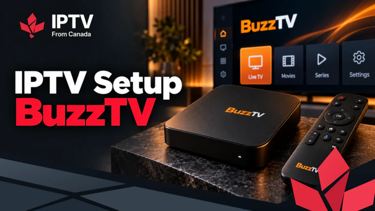 IPTV setup on BuzzTV: a BuzzTV box and remote with the BuzzTV home screen and Live TV selected