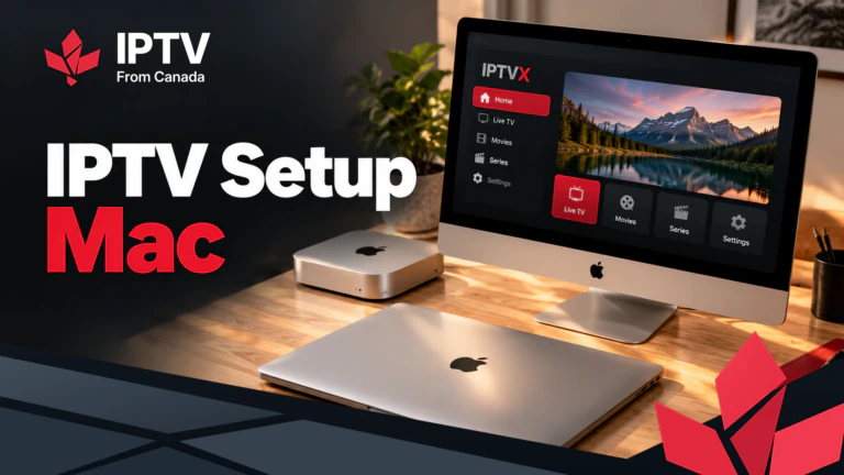 IPTV setup on a Mac: IPTVX on an iMac beside a Mac mini and a MacBook