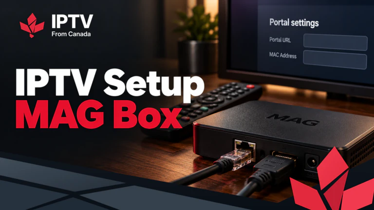 IPTV setup on a MAG box: portal settings on screen with Ethernet and HDMI cables plugged into the box