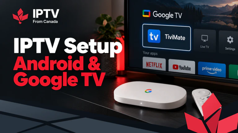 IPTV setup on Android TV and Google TV: TiviMate on the Google TV home screen beside a Google TV Streamer
