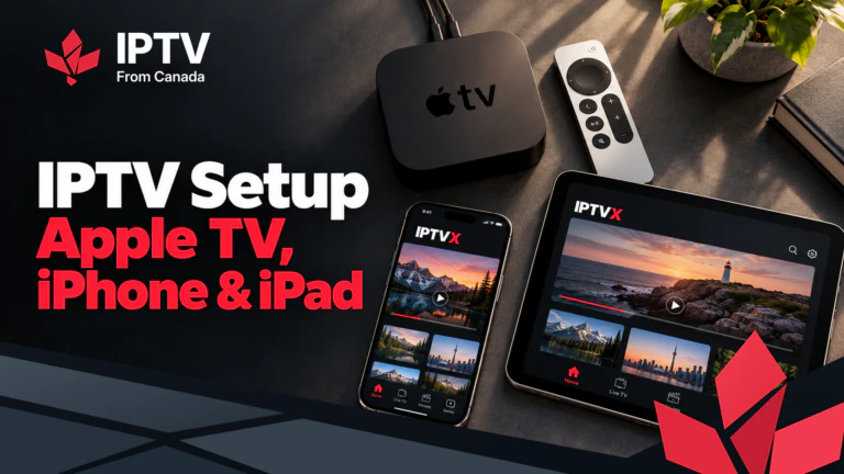 IPTV setup on Apple TV, iPhone and iPad: IPTVX on an iPhone and iPad beside an Apple TV