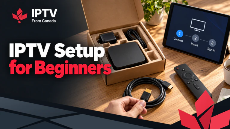 IPTV setup for beginners: a streaming box, remote and HDMI cable, with connect, install and sign in steps on a tablet