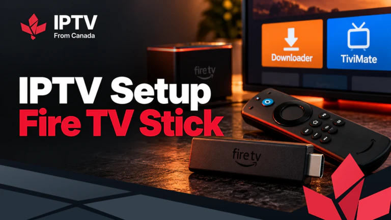 IPTV setup on a Fire TV Stick: Downloader and TiviMate on screen beside a Fire TV Stick and remote