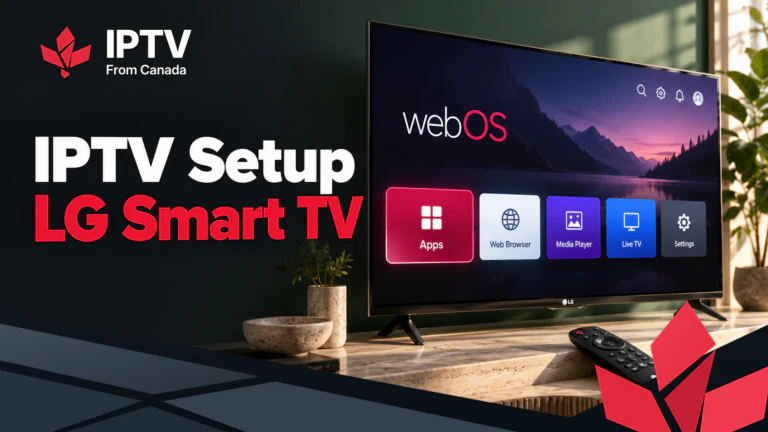 IPTV setup on an LG Smart TV: the webOS home screen with the Apps tile selected