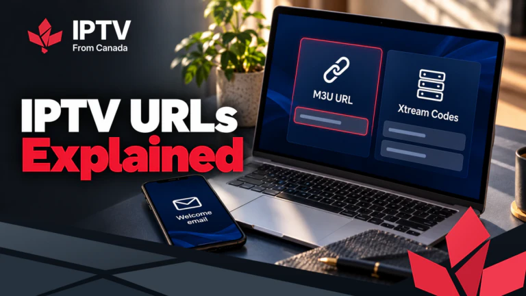 IPTV URLs explained: a laptop showing M3U URL and Xtream Codes options, with a welcome email on a phone
