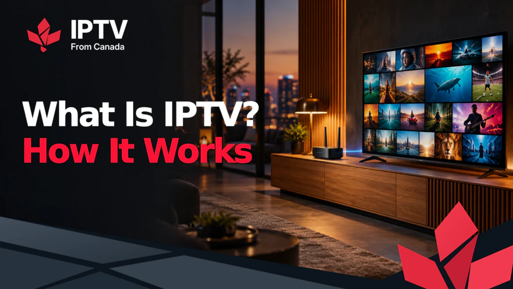 What is IPTV: a living room TV showing a grid of channels and films beside an internet router